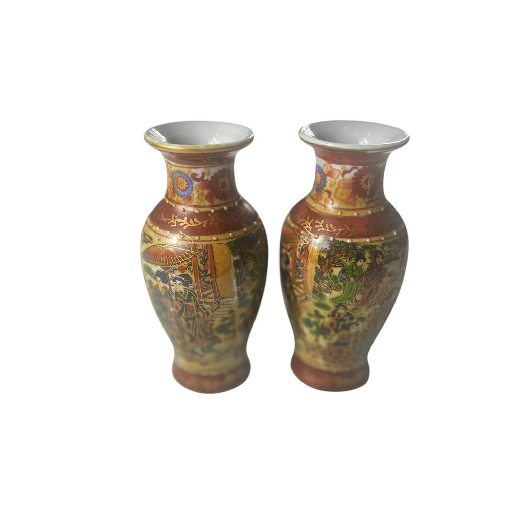 Vintage Asian Pair Satsuma Style Moriage Geisha‎ Porcelain Bud Vases 6 Gold Trim